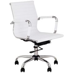 a white office chair with chrome arms and wheels on an isolated white background, viewed from the front