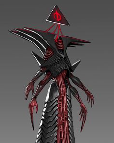 an alien is standing in front of a gray background with red accents on its body