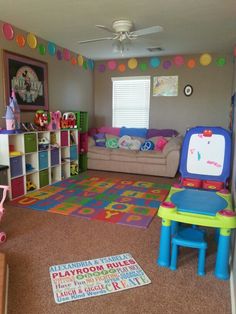 a child's playroom with lots of toys on the floor and colorful rugs