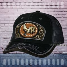 Mexican Hat Western Style Rooster Embroidered Mesh Snapback Baseball Cap- Black Black Embroidered Trucker Hat, Black Cap With Embroidered Patch, Embroidered Black Trucker Hat, Black Embroidered Snapback Trucker Hat, Black Embroidered Trucker Cap, Black Embroidered Snapback Hat, Embroidered Black Baseball Cap, Western Style Black Snapback Baseball Cap, Black Embroidered Cap