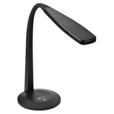 a black desk lamp with a dim light on the top and one arm extended up