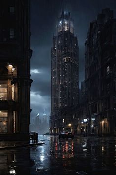 a city street at night in the rain