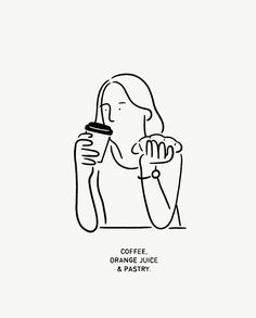 a black and white drawing of a woman talking on the phone with coffee in her hand