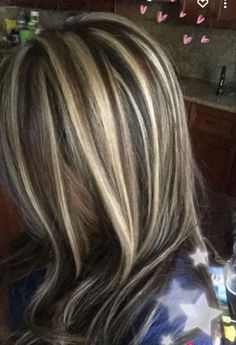 Bad Streaky Highlights, Blonde On Black Hair Balayage, Stripey Highlights Dark Brown, Brunette Chunky Blonde Highlights, Shunk Chunky Highlights, Brown Hair With Black And Blonde Highlights, Chunky Blonde Highlights On Brown Hair Straight, Alt Chunky Highlights