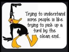 an image of a cartoon character with the words trying to understand some people is like trying to pick up a third by the clean end