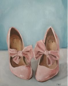 a painting of pink shoes with bows on them