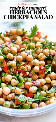 chickpea salad in a white bowl with text overlay