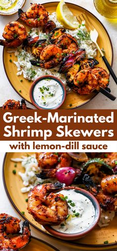 greek marinated shrimp skewers with lemon - dill sauce on a plate