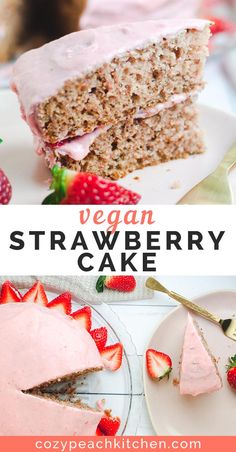 vegan strawberry cake with frosting and strawberries on the side, cut in half