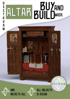 a wooden cabinet with pictures on it and the words altar build and model written below