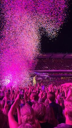 a large group of people at a concert with confetti in the air