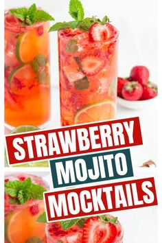 strawberry mojito cocktails with mint garnish and strawberries on the side