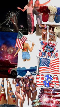 the collage shows several images of women in bikinis and patriotic hats with fireworks behind them