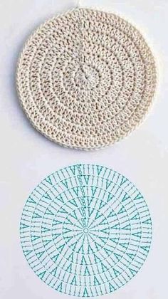 two crocheted coasters are sitting on a table top next to each other