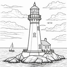 a lighthouse on top of a rock in the ocean with a sailboat behind it