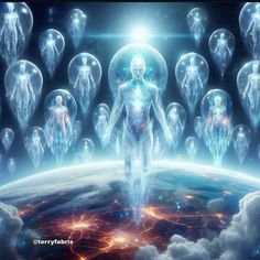 an image of the human being surrounded by many other people in outer space with clouds and stars