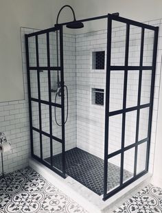 a black and white photo of a shower with the words b & w industrial farmhouse on it