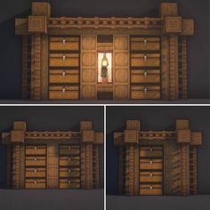 three different views of the inside of a building with wooden doors and shelves on each side