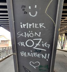 graffiti written on the side of a parking meter in front of a covered walkway area