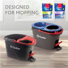 two different types of mopping buckets with the words, designed for mopping