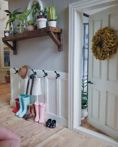 there is a shelf with shoes and plants on it next to a door that has a potted plant in the corner