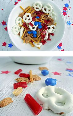 two pictures of patriotic treats in the shape of pretzels and cookies with red, white, and blue candies