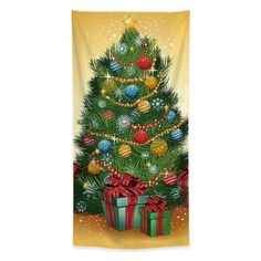 a christmas tree with presents under it on a yellow background wall hanging tapestry by person