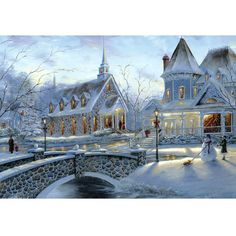 a painting of people walking across a snow covered street in front of a large house