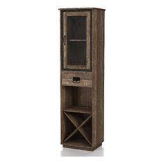 a tall wooden cabinet with an open door and wine rack on the bottom, in front of a white background