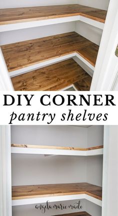 the bottom half of a pantry shelving unit with text overlay that reads diy corner pantry shelves