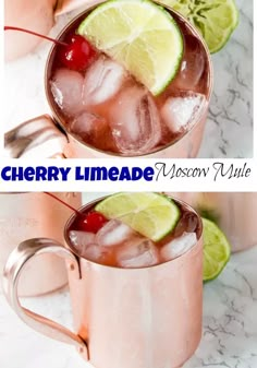 two pictures of cherry limeade in copper mugs with ice and cherries on the rim