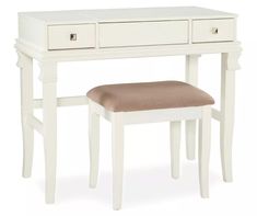 a white dressing table with a stool and drawers on it's sides, in front of a white background