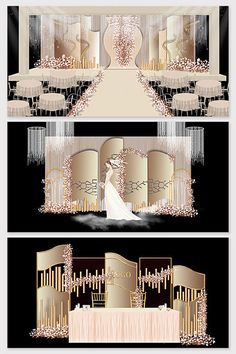 an art deco display with chandeliers and tables in gold, white and black colors