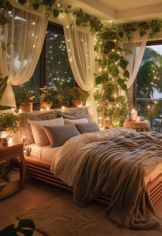 Transform your bedroom into an enchanted garden retreat. Hang delicate, fairy lights from the ceiling, drape flowy sheer curtains around your bed, and adorn it with floral bedding and pillows. Add potted plants for a touch of nature. Your dreamy oasis awaits! Design Ložnic, Fairy Lights Bedroom, Interior Design Per La Casa, Air Bnb, Garden Bedroom