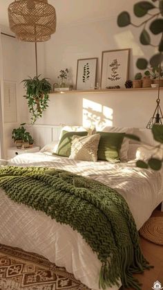 a bedroom with white walls and green accents