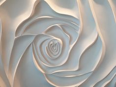 a close up view of a white rose flower with swirls and curves in the center