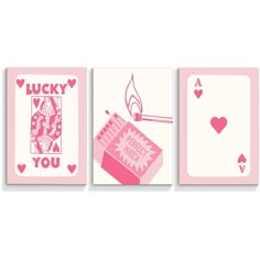 three cards with the words lucky, i love you and a match between two matches