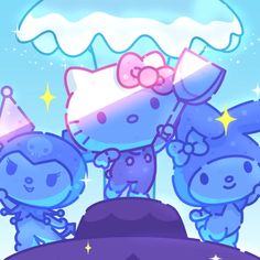 an image of hello kitty and her friends on top of a hill in the sky