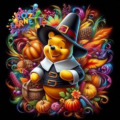 a winnie the pooh character surrounded by pumpkins and other autumn decorations on a black background