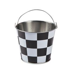 a black and white checkerboard bucket is shown on a white background with the handle extended