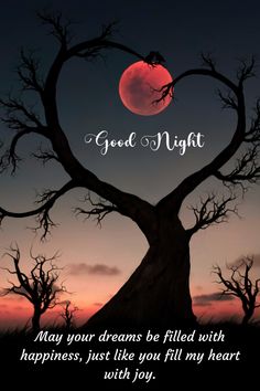 a heart shaped tree with the words good night written on it in front of a red moon