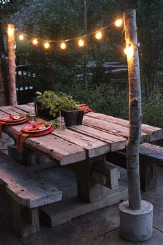 an outdoor table with lights strung over it and plates on the table, next to a potted plant