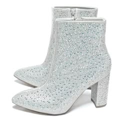 Sparkle And Shine In These Blingy Rhinestone Ankle Boots. Great For Parties, Concerts And Other Fun Special Occasions. New In Box Man Made Material Rhinestone Encrusted Uppers Pointed Toes Side Zipper For Easy Shoe Removal Lightly Padded Insole Comfy Chunky Heels Heel Height: 3.5 In. Shaft Height: 5.5 In. Fitting: True To Size. Regular Widt Glamorous Rhinestone Heeled Boots For Winter, Rhinestone Heeled Ankle Boots For Fall, Rhinestone Ankle Boots, Sparkle High Heels, Silver Ankle Boots, Diamond Heels, Silver Boots, Preppy Shoes, Pretty Shoes Sneakers