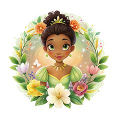 the princess and the frog character with flowers in her hair, surrounded by green leaves