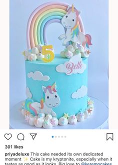 a birthday cake decorated with unicorns and rainbows is displayed on the instagram page