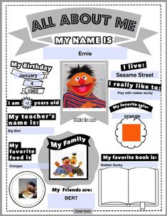 an image of the sesame book about me with pictures and words on it's cover