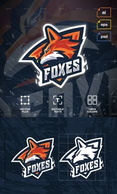 the fox mascot logo is shown in this graphic style, with different colors and sizes