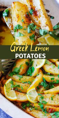 a close up of a plate of food with lemons and parsley