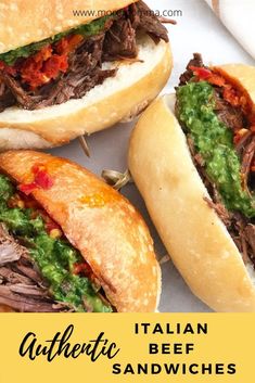 italian beef sandwiches with pesto sauce on them