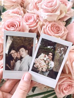 two polaroids are held up in front of pink roses and greenery, one is holding a bouquet of flowers